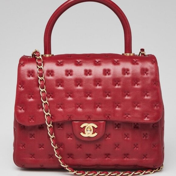 Chanel Red Quilted Cross Stitch Leather Small Coco Handle Bag - Picture 1 of 11
